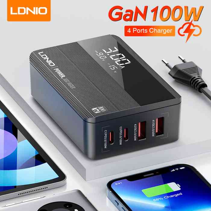 LDNIO A4809C GaN 100W USB-C Fast Charging 4 Port Adapter Wall Chargers with Voltage Display Desktop Charger